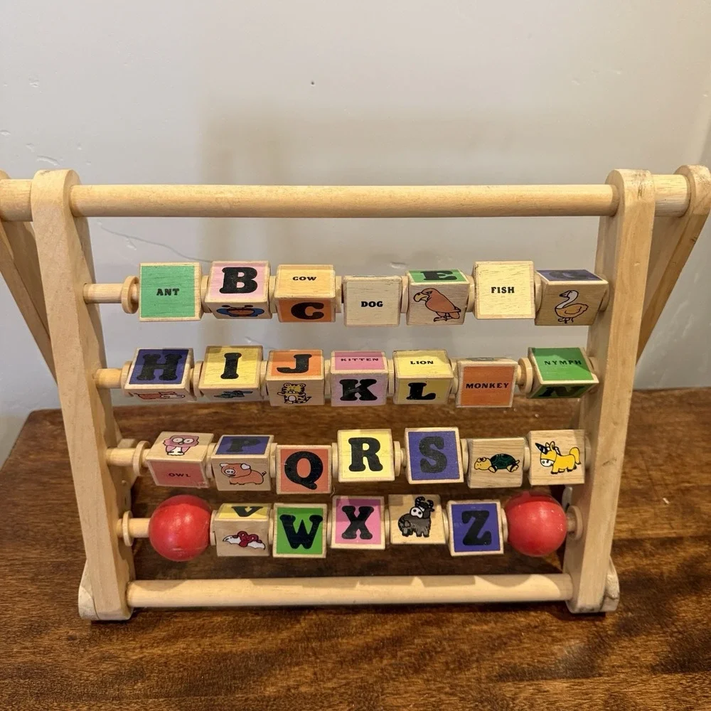 Vintage‎ Alphabet Abacus Kids Toy Double Sided Pictures Letters Educational Wood